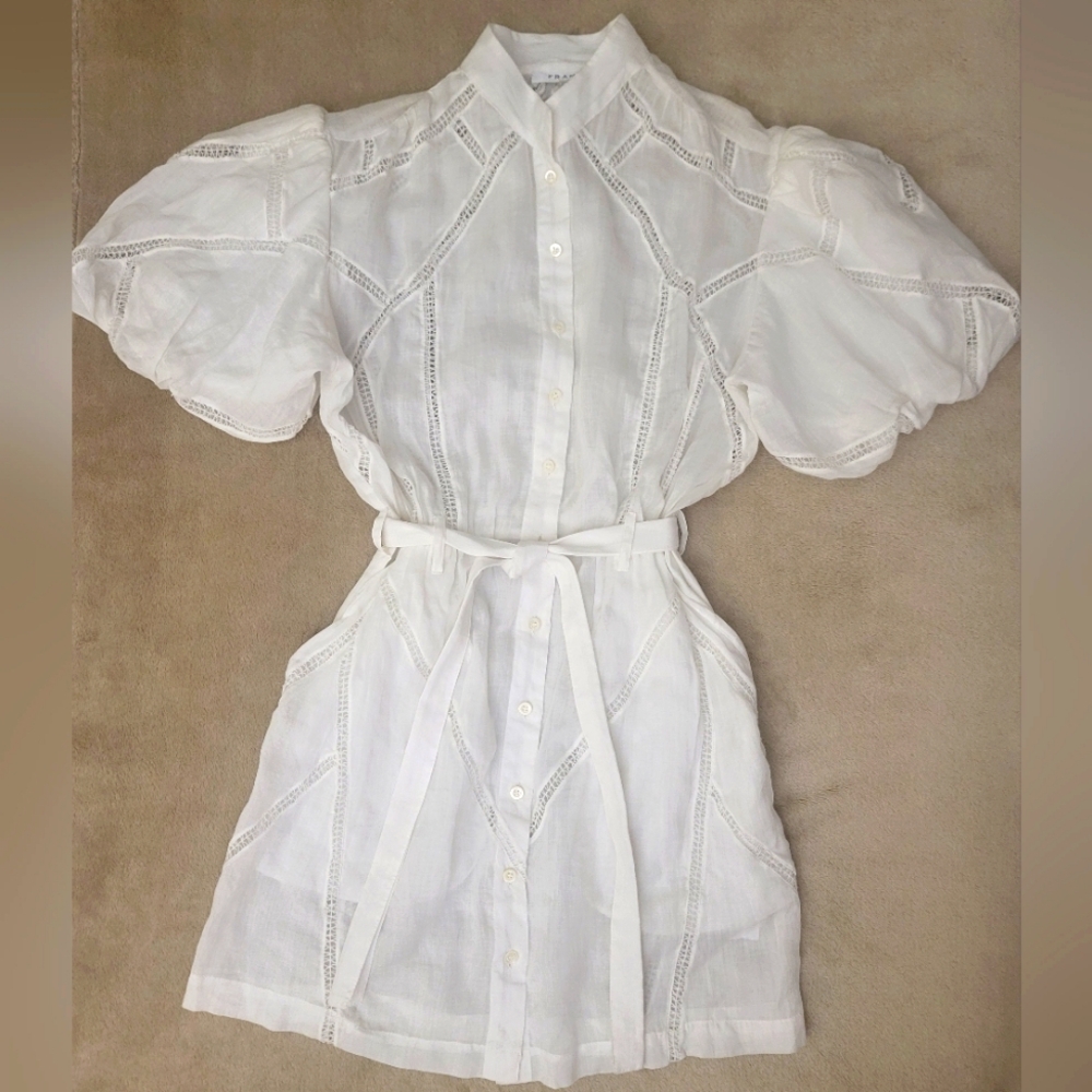 Frame Denim Lace Puff Sleeve Button-Up Dress w/belt Size XS